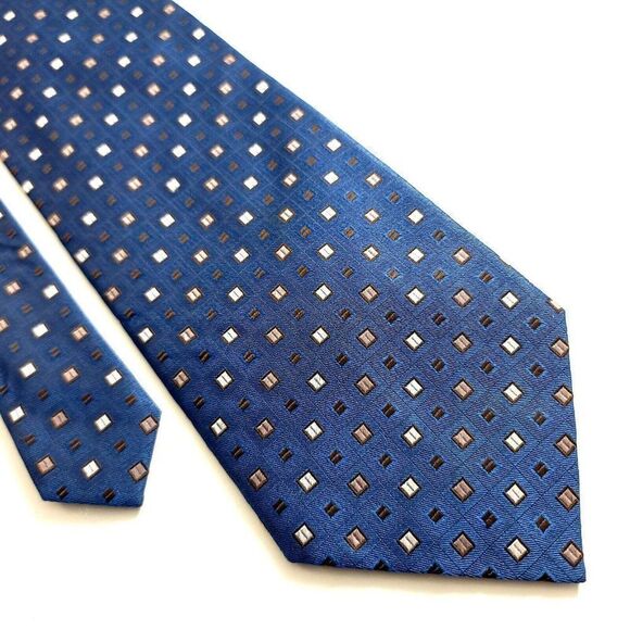 Calvin Klein Blue Tan Woven Geometric‎ Wide Silk Tie - Picture 1 of 6